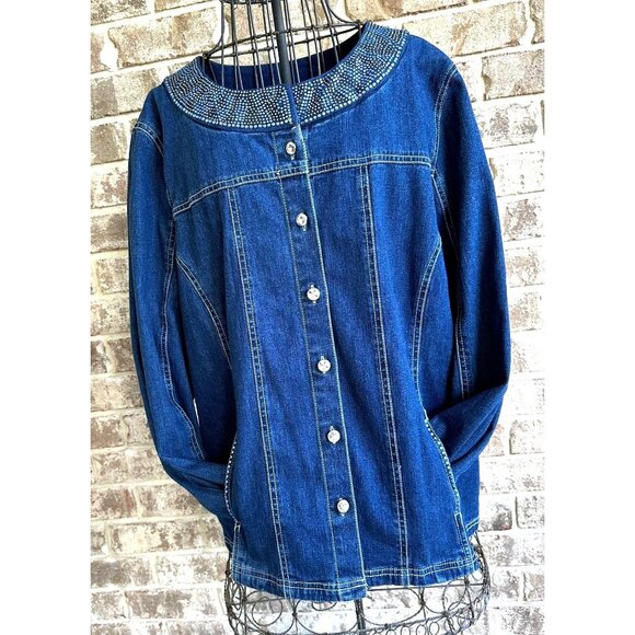 Vintage Quacker Factory Jean Jacket Large Blue Denim Embellished Front B… - Picture 3 of 12